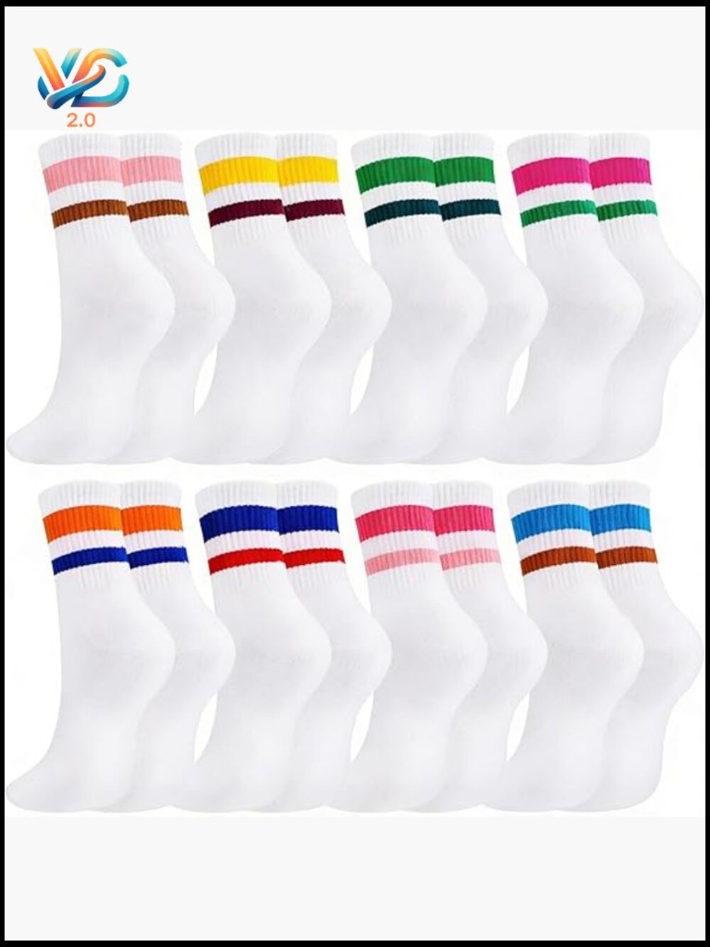 8 Pairs Vintage Striped Crew Socks Breathable Cotton Athletic Running Casual